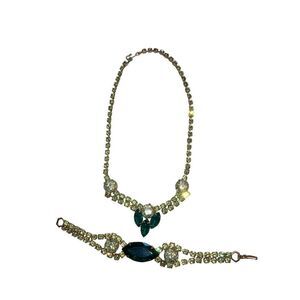 Hunter Green Gem Rhinestone Bracelet Necklace Set Vintage 70s 80s 90s Jewelry Pe